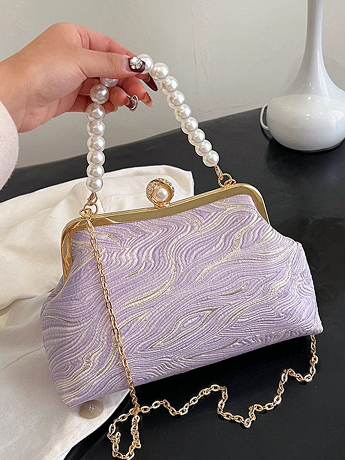 Elegant Imitation Pearl Beaded Handbag Clutch Bag with Detachable Crossbody Strap