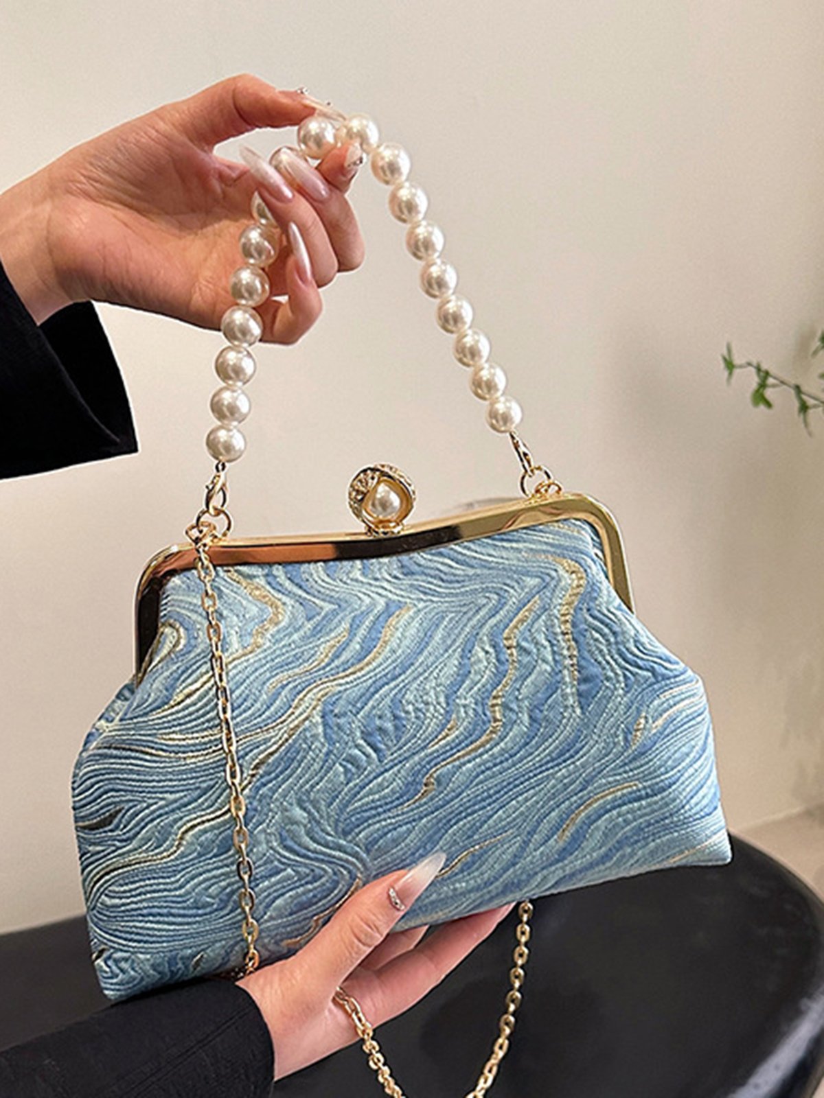 Elegant Imitation Pearl Beaded Handbag Clutch Bag with Detachable Crossbody Strap