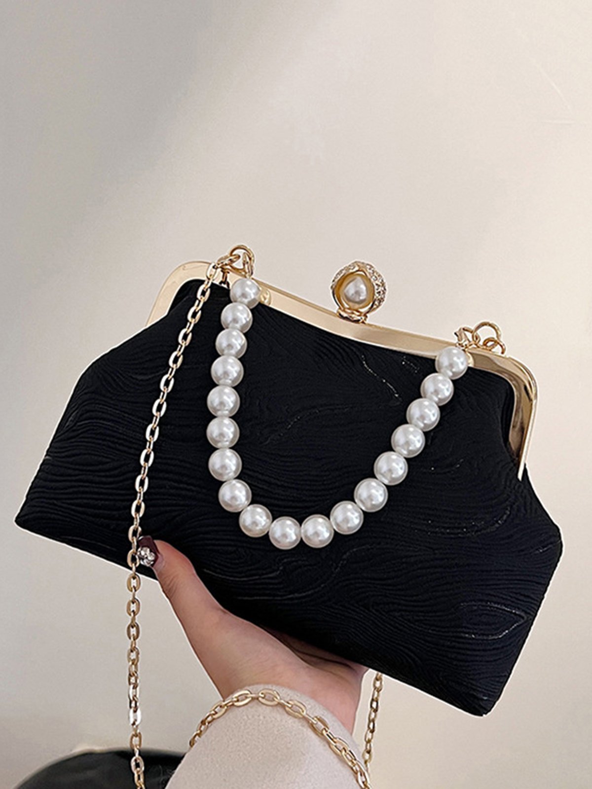 Elegant Imitation Pearl Beaded Handbag Clutch Bag with Detachable Crossbody Strap