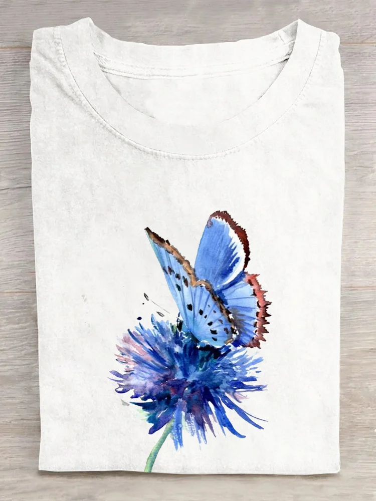 Casual Crew Neck Floral Cotton T-Shirt