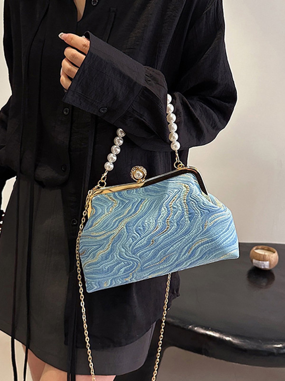 Elegant Imitation Pearl Beaded Handbag Clutch Bag with Detachable Crossbody Strap