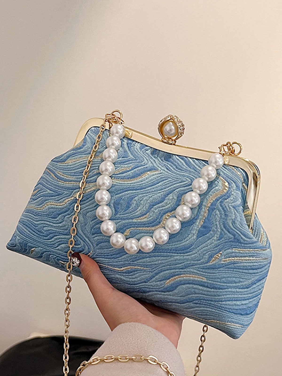 Elegant Imitation Pearl Beaded Handbag Clutch Bag with Detachable Crossbody Strap