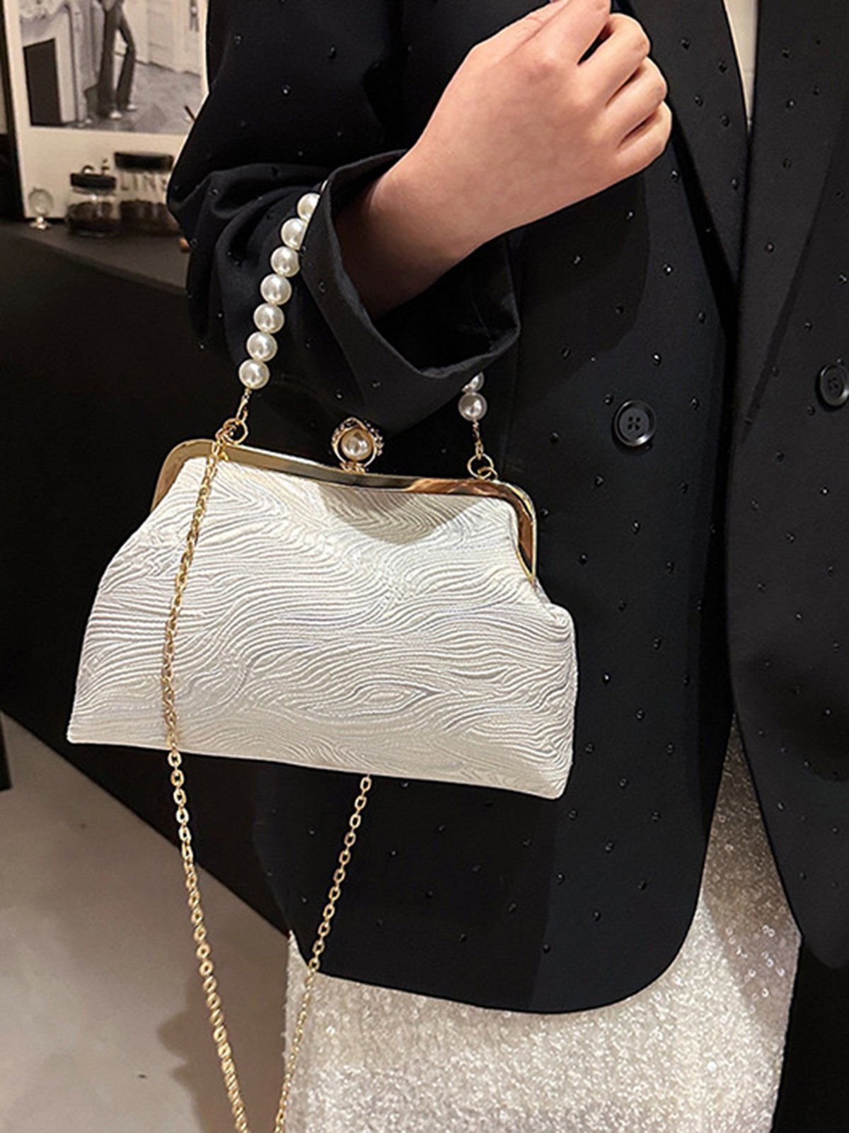Elegant Imitation Pearl Beaded Handbag Clutch Bag with Detachable Crossbody Strap