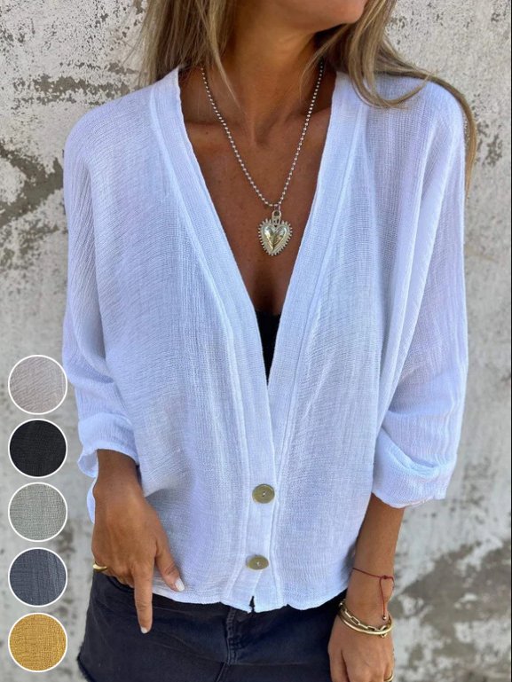 Casual Loose V Neck Buckle Blouse