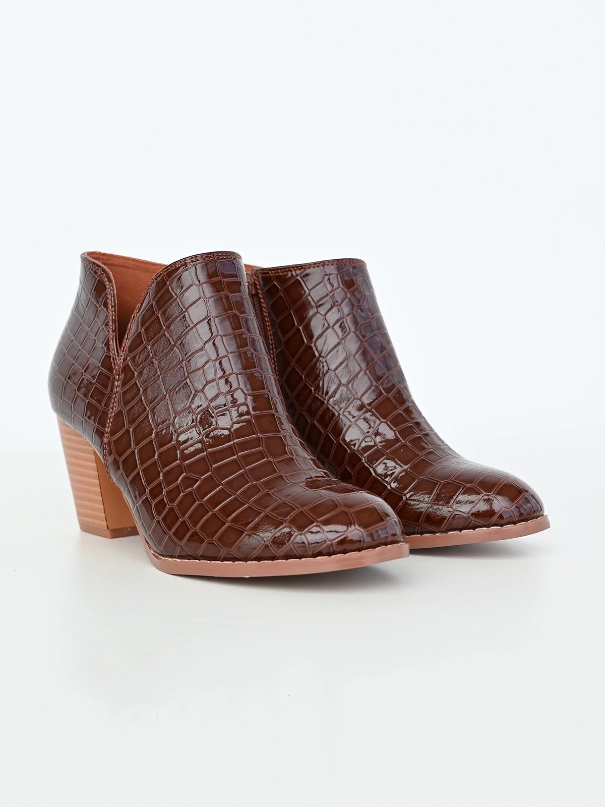 Coffee Crocodile Embossed Chunky Heel Chelsea Boots