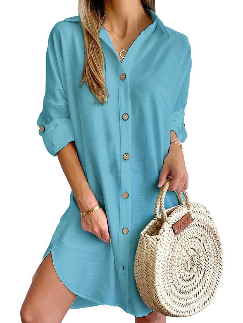 Loose Casual V Neck Buckle Shirt Dress