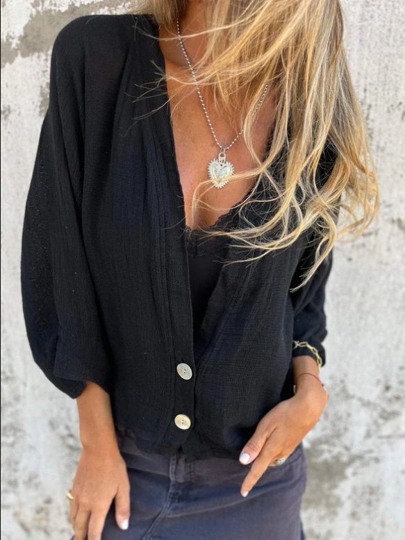 Casual Loose V Neck Buckle Blouse