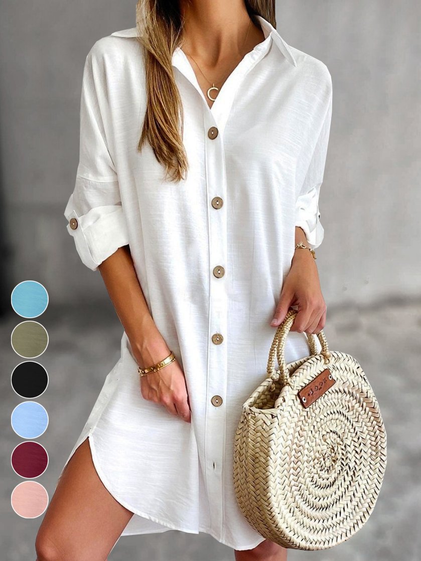 Loose Casual V Neck Buckle Shirt Dress