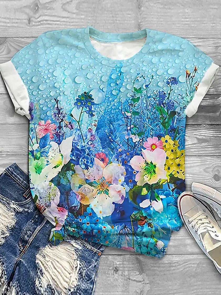 Casual Floral Jersey Crew Neck T-Shirt