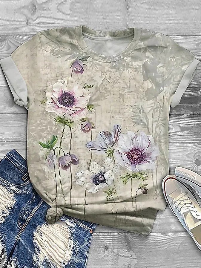 Casual Floral Jersey Crew Neck T-Shirt