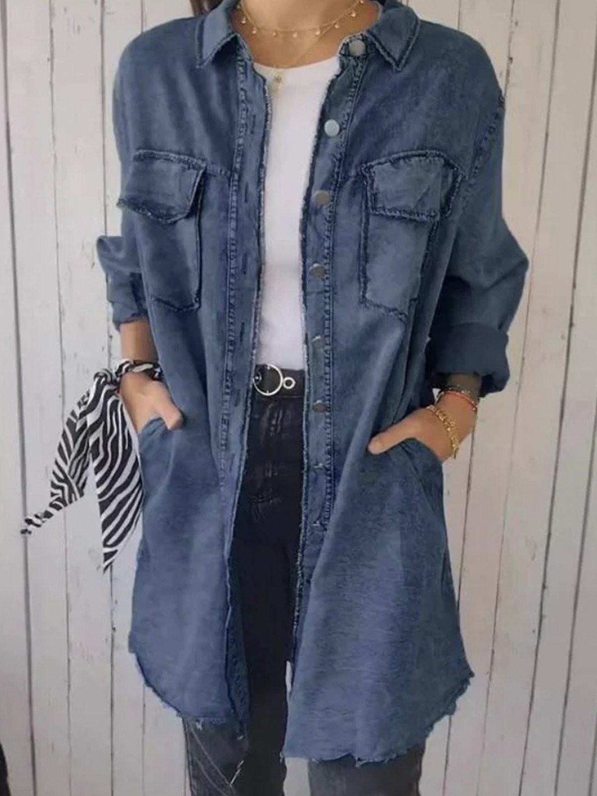 Casual Denim Plain Shirt Collar Denim Coat