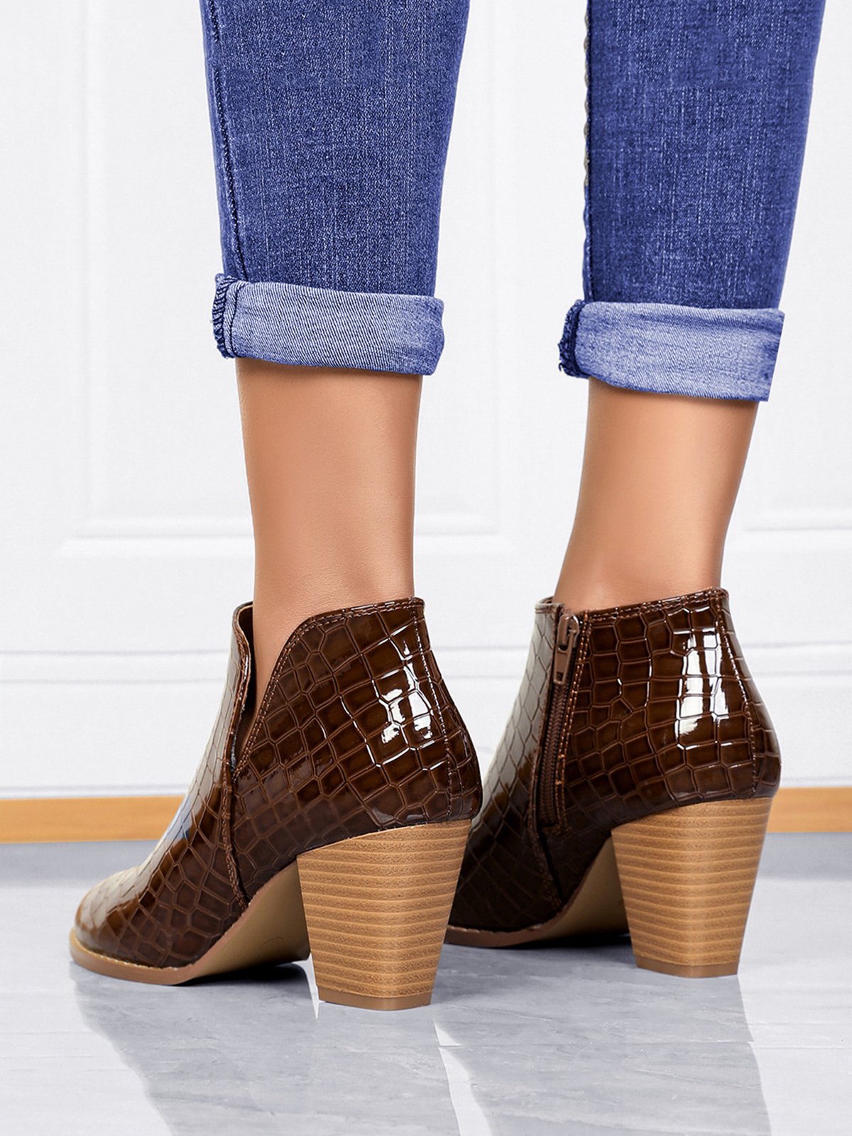 Coffee Crocodile Embossed Chunky Heel Chelsea Boots