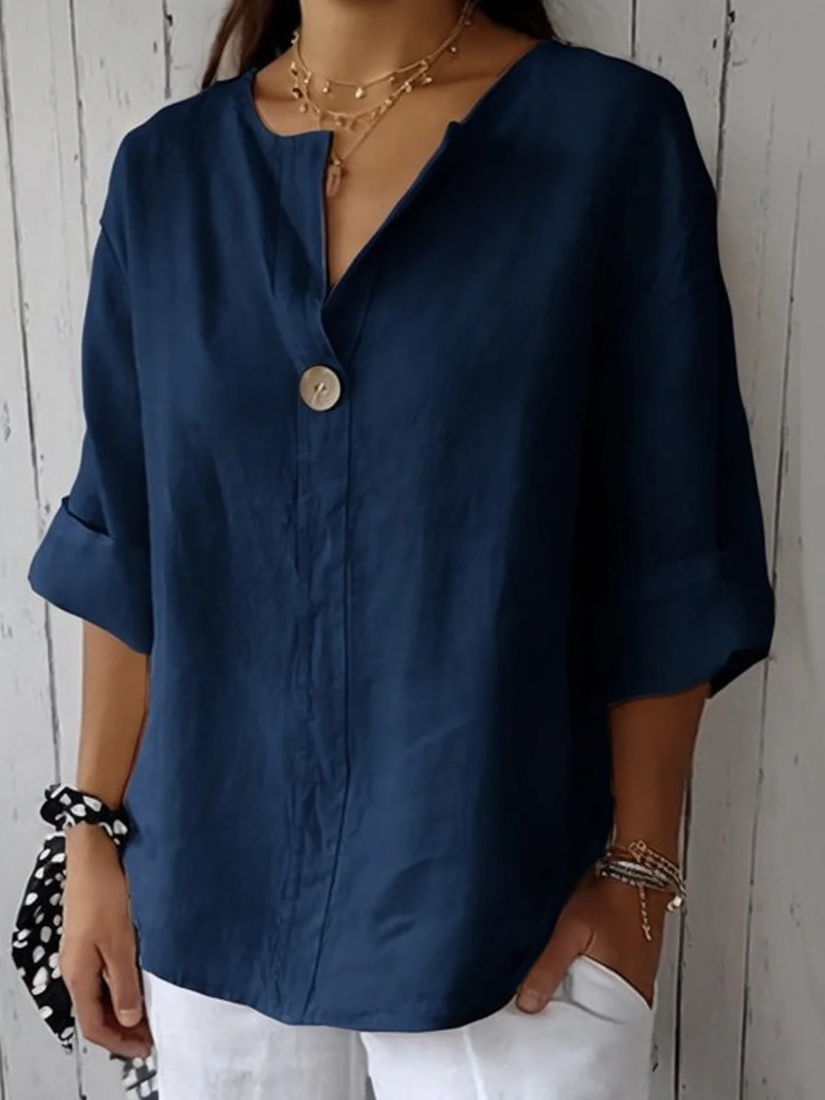 Cotton Loose V Neck Casual Blouse