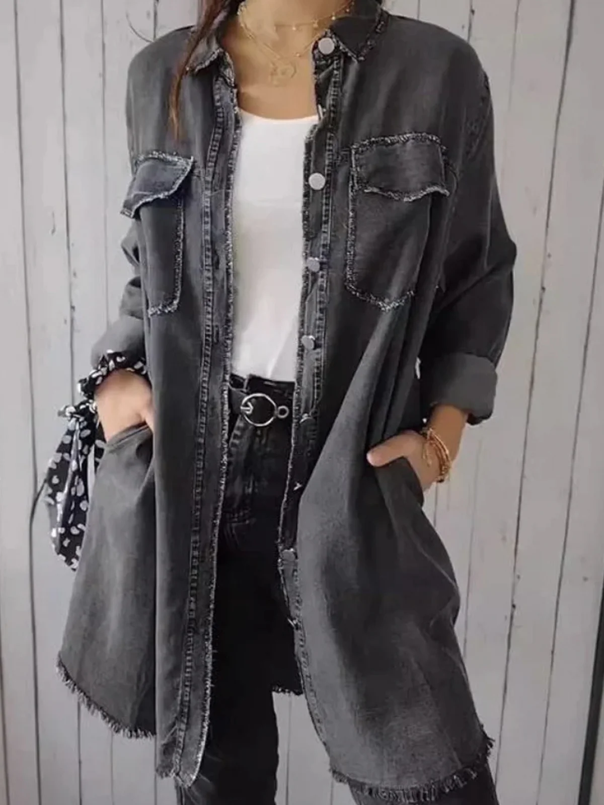 Casual Denim Plain Shirt Collar Denim Coat