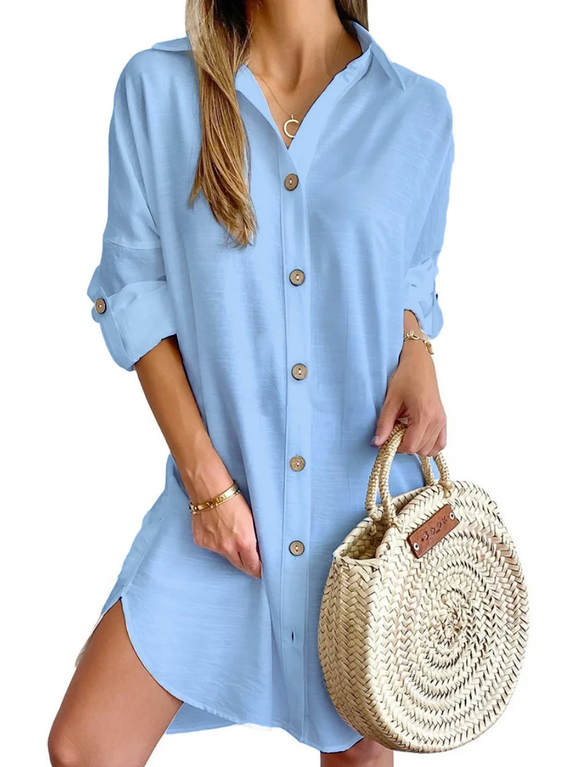 Loose Casual V Neck Buckle Shirt Dress