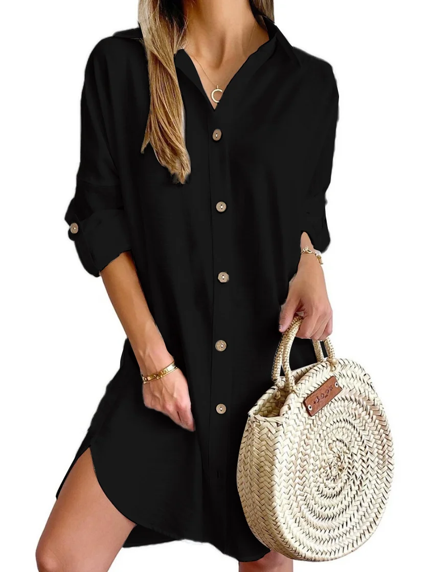 Loose Casual V Neck Buckle Shirt Dress