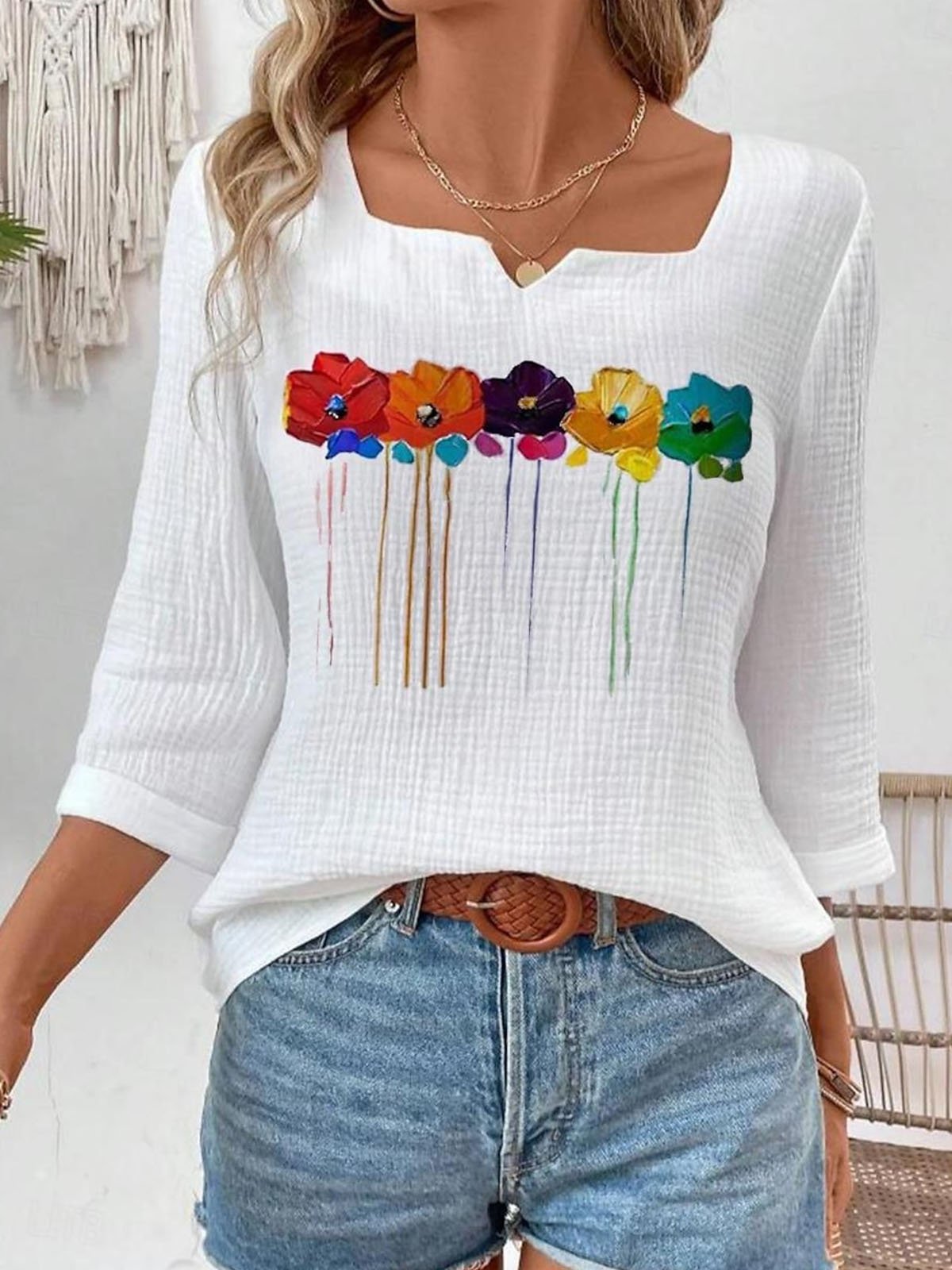 Floral Casual Square Neck Loose Blouse