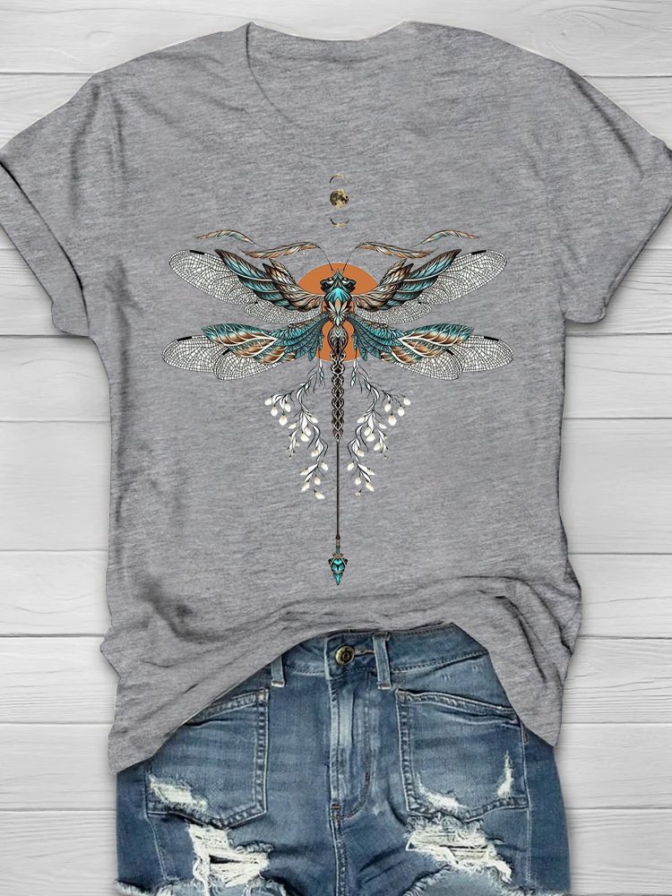 Loose Crew Neck Dragonfly Casual T-Shirt