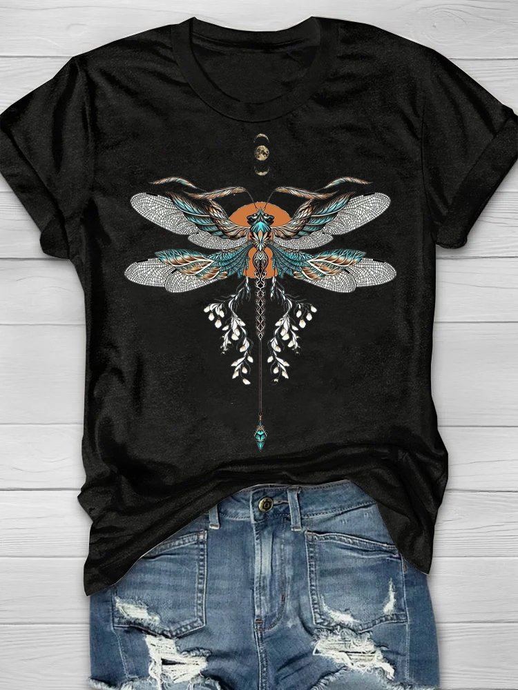 Loose Crew Neck Dragonfly Casual T-Shirt