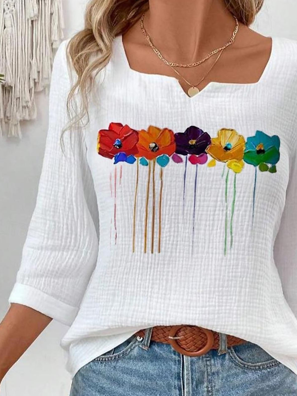 Floral Casual Square Neck Loose Blouse