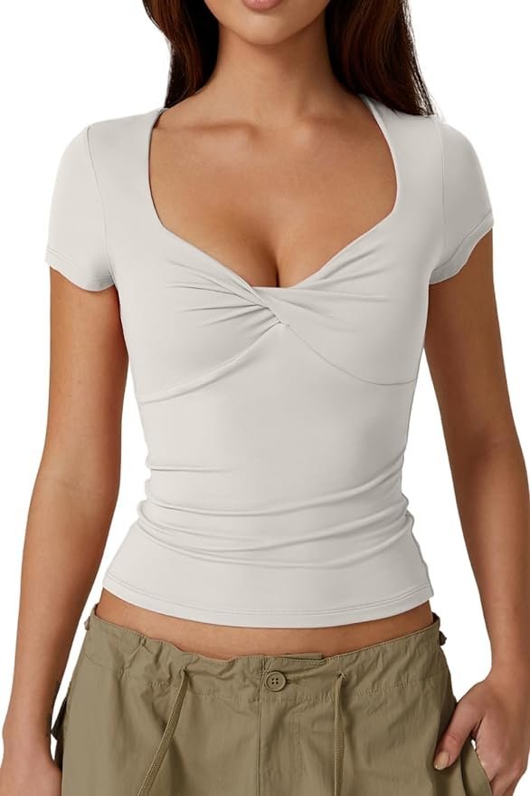 Women's Sexy Twist Front V Neck T Shirts Double Lined Short Sleeve Slim Fit Crop Top Trendy Y2K Tops Tee