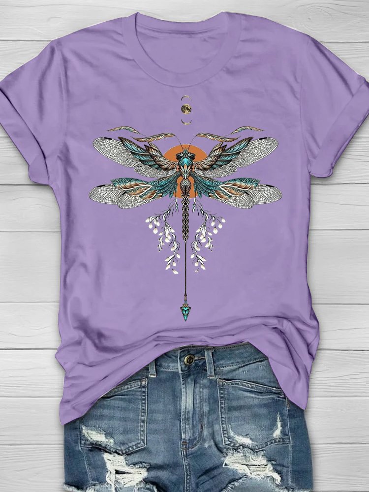 Loose Crew Neck Dragonfly Casual T-Shirt