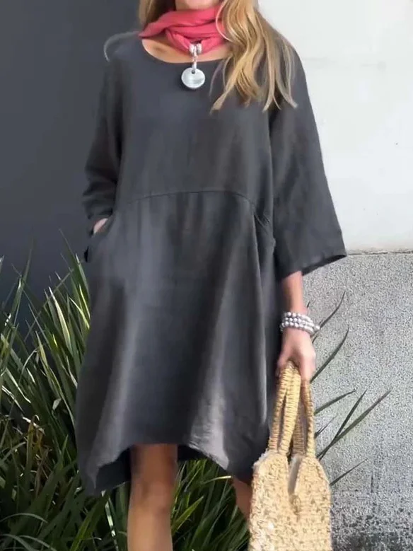 Loose Casual Cotton And Linen Plain Sweashirt Dress