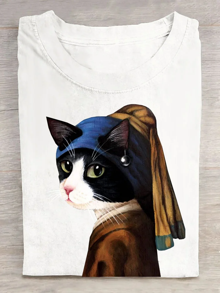 Casual Summer Cat Short Sleeve Loose Crew Neck T-shirt