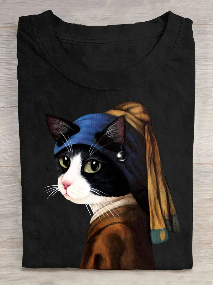 Casual Summer Cat Short Sleeve Loose Crew Neck T-shirt