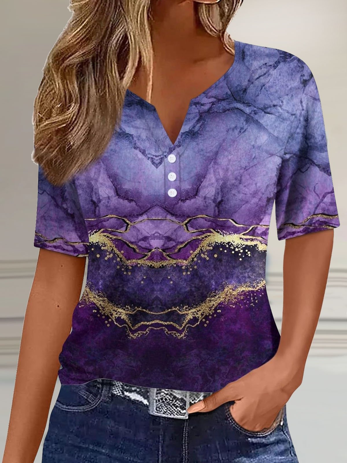 Casual Loose Abstract Notched T-Shirt