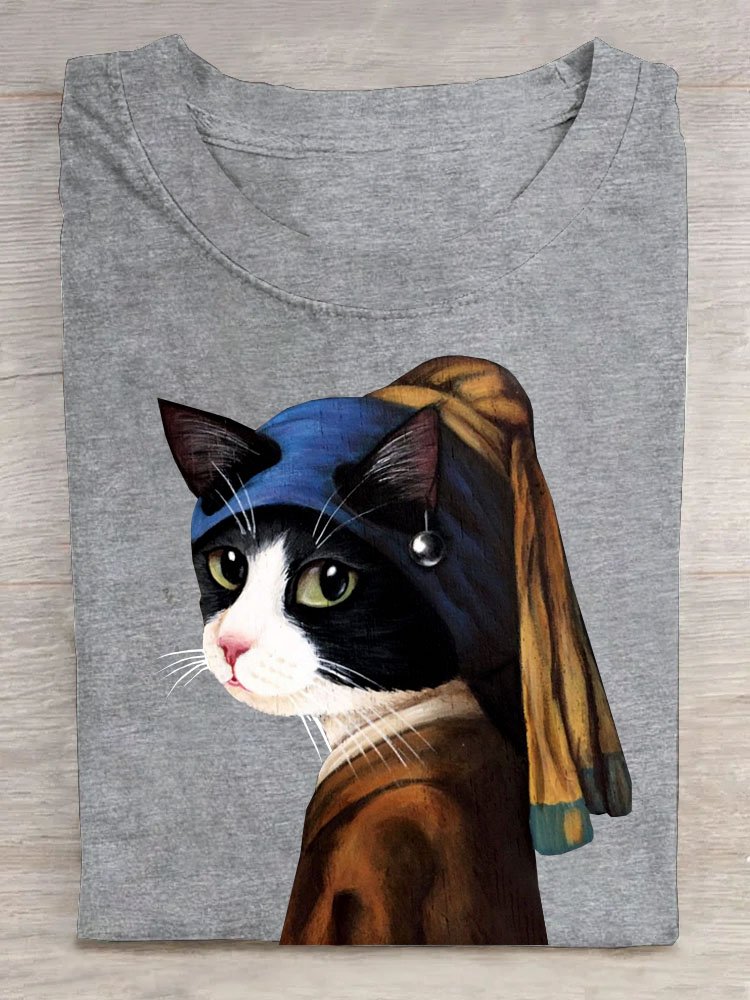 Casual Summer Cat Short Sleeve Loose Crew Neck T-shirt