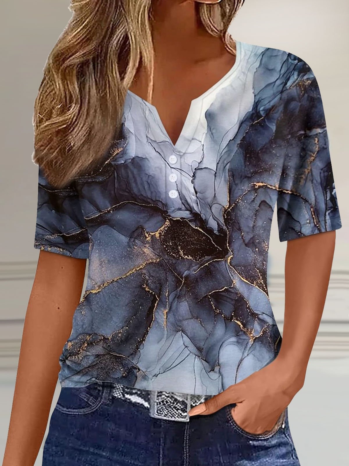 Casual Loose Abstract Notched T-Shirt