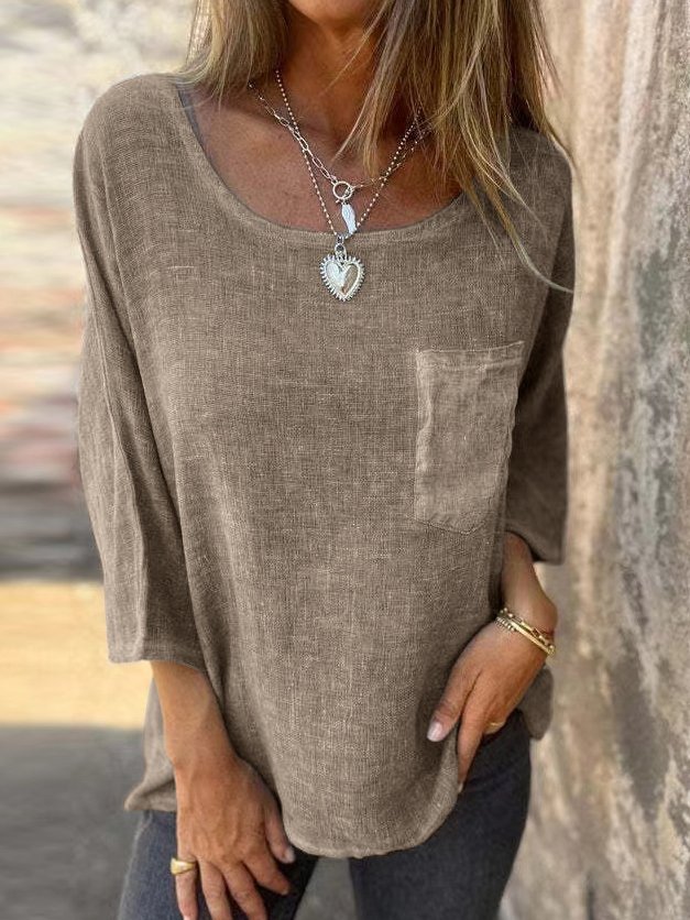 Cotton And Linen Casual Crew Neck Blouse