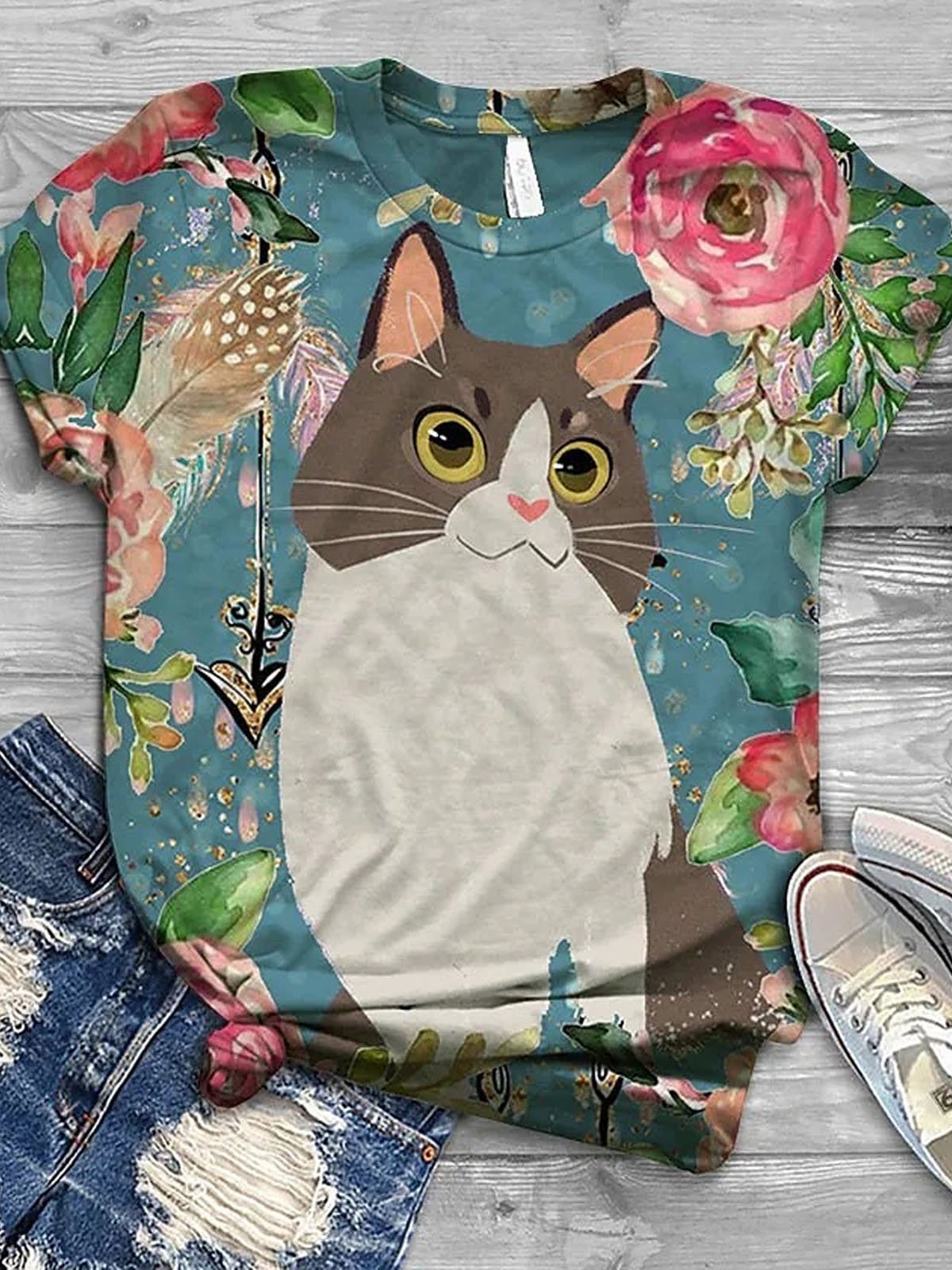 Cat Printed Casual Loose T-Shirt