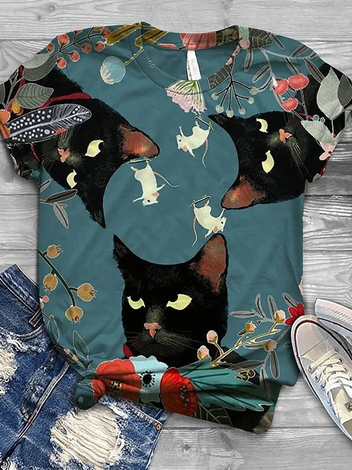 Cat Printed Casual Loose T-Shirt