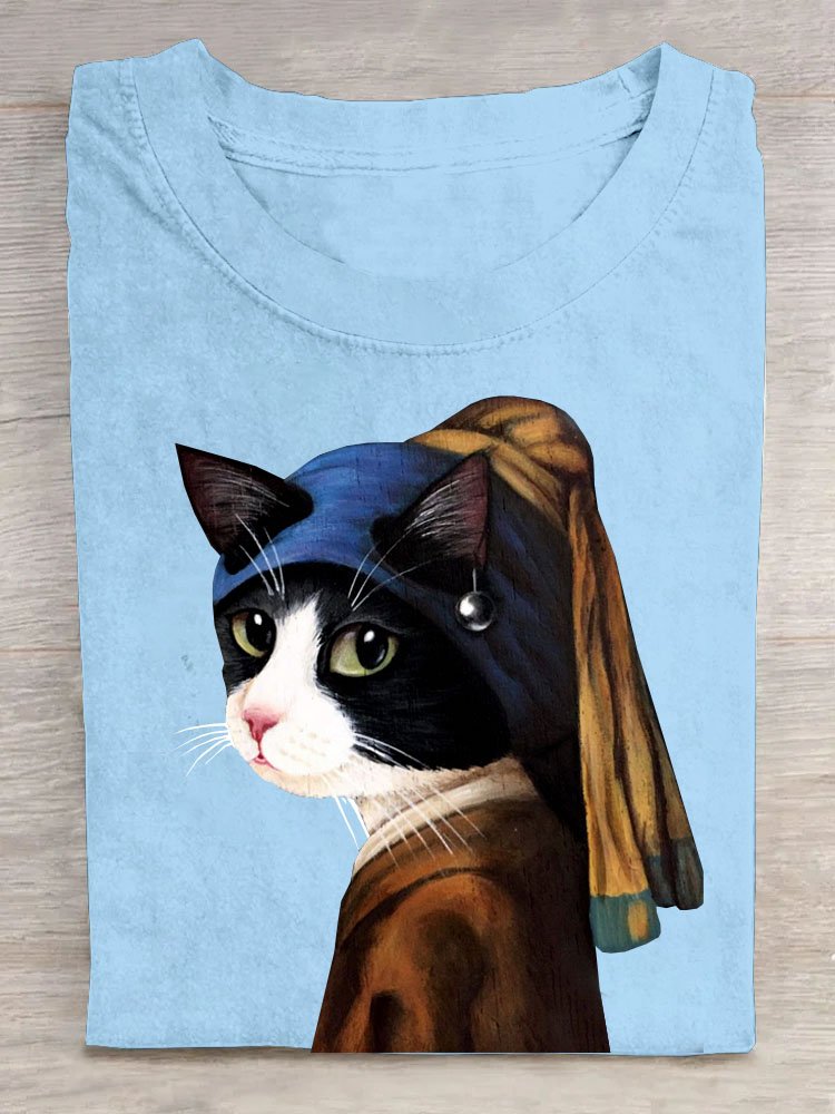 Casual Summer Cat Short Sleeve Loose Crew Neck T-shirt