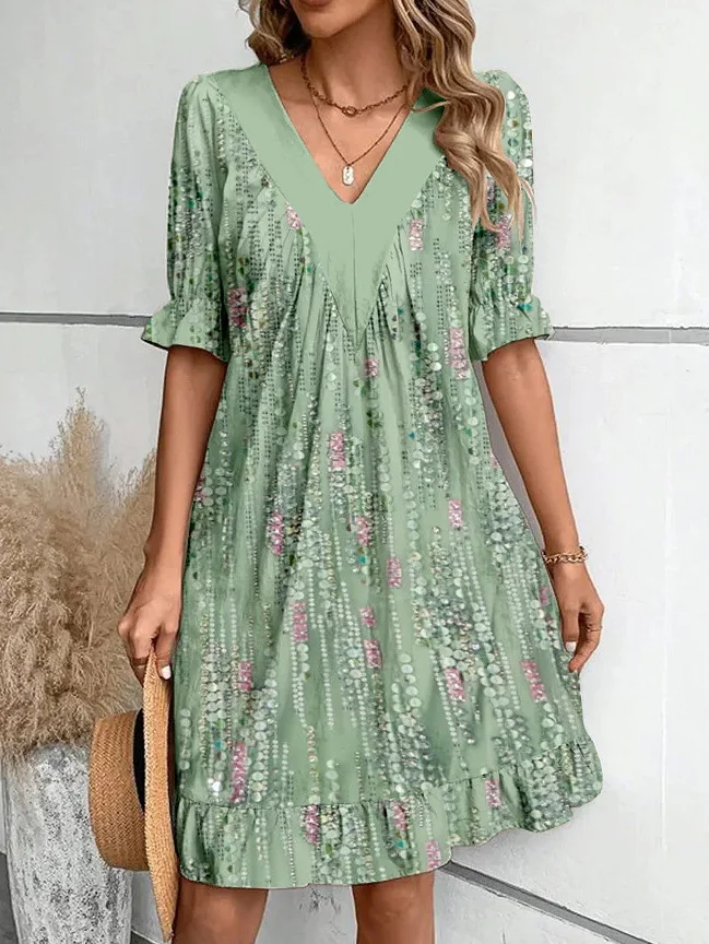 Loose Floral Casual V Neck Dress