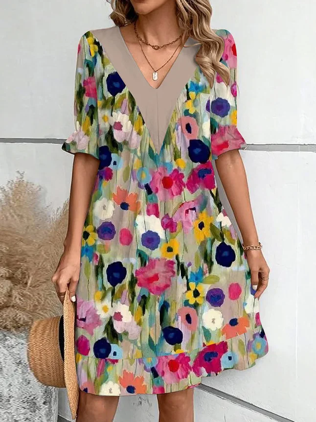 Loose Floral Casual V Neck Dress