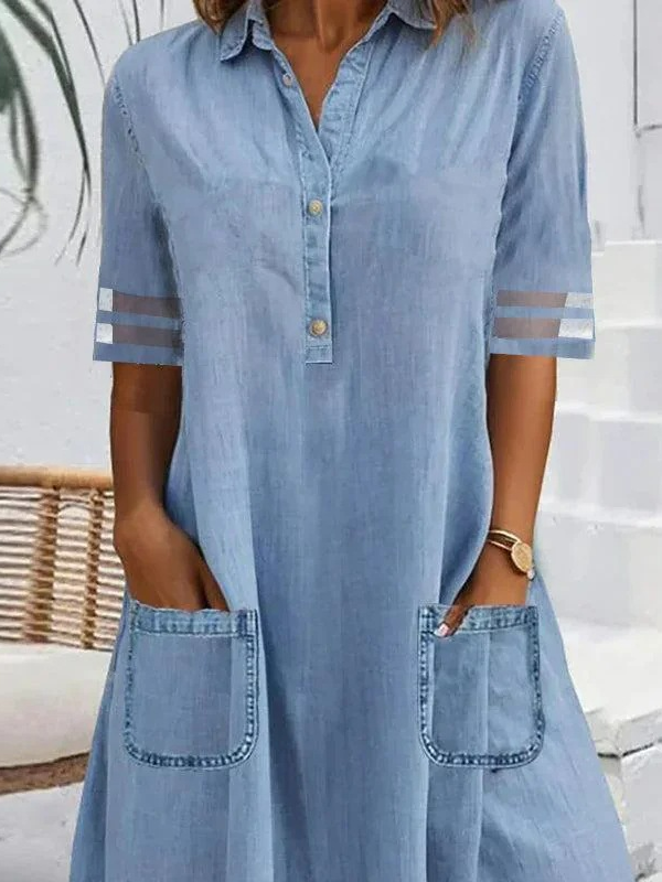 Denim Casual Pocket Stitching Shirt Dress