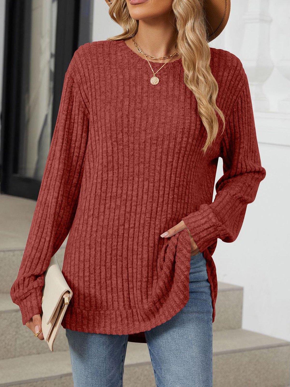 Crew Neck Casual Plain Loose Blouse