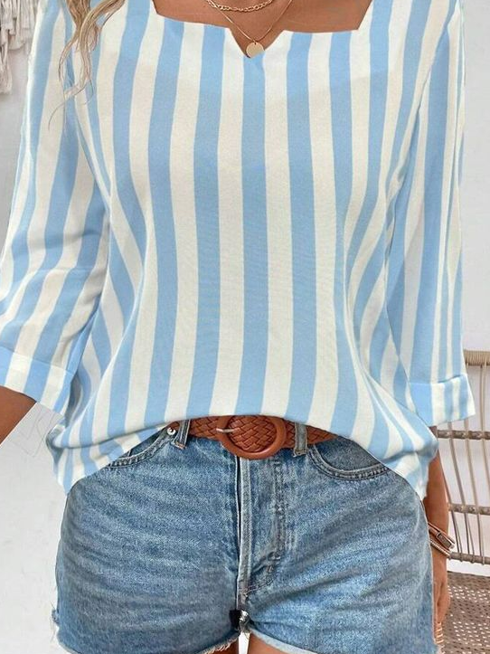 Striped Square Neck Casual Blouse