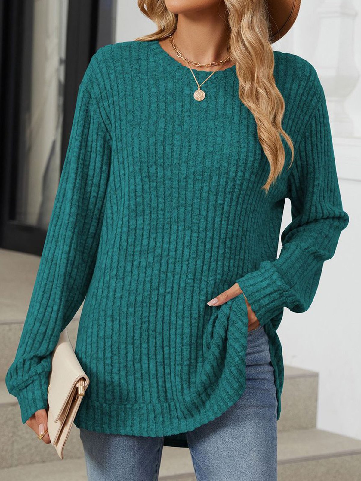 Crew Neck Casual Plain Loose Blouse