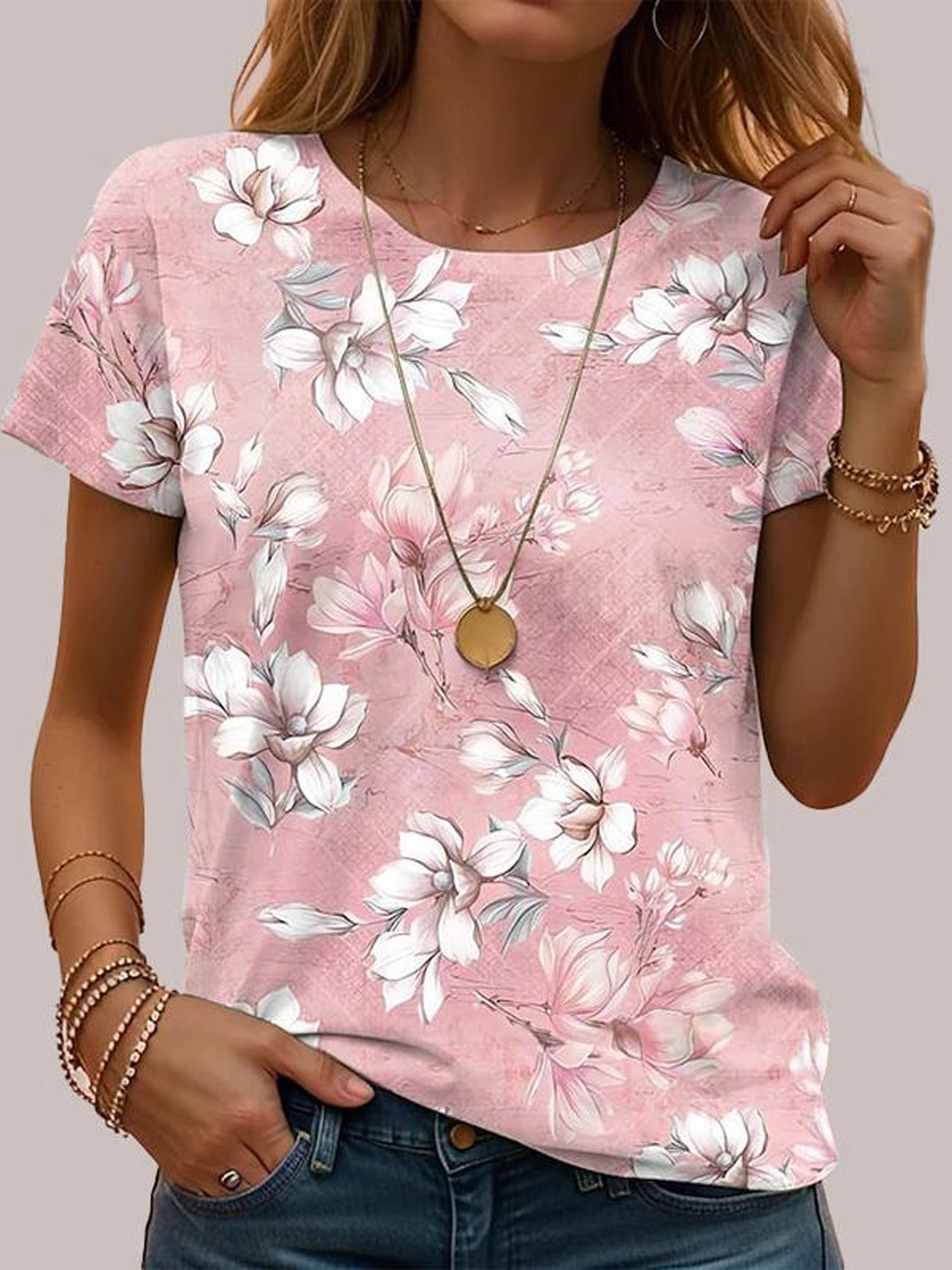 Crew Neck Loose Casual Floral T-Shirt