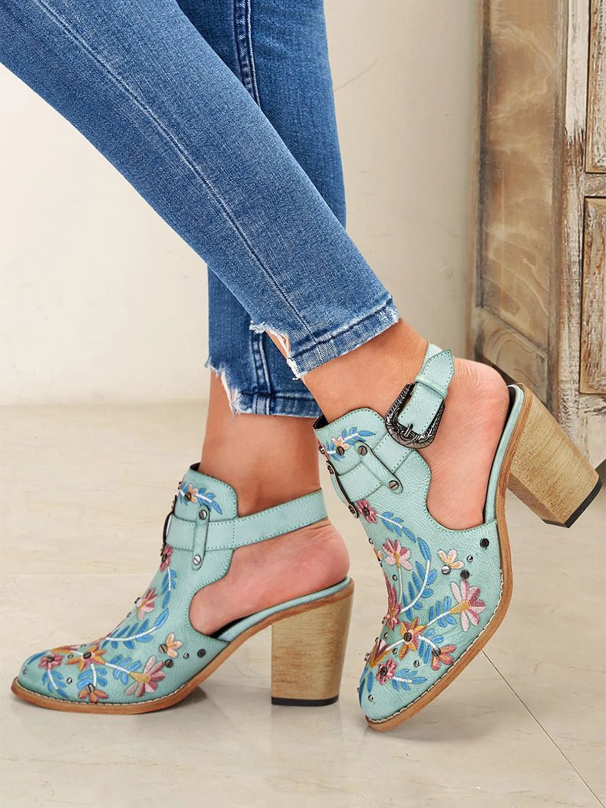 Vintage Floral Embroidered Studded Slingback Boots