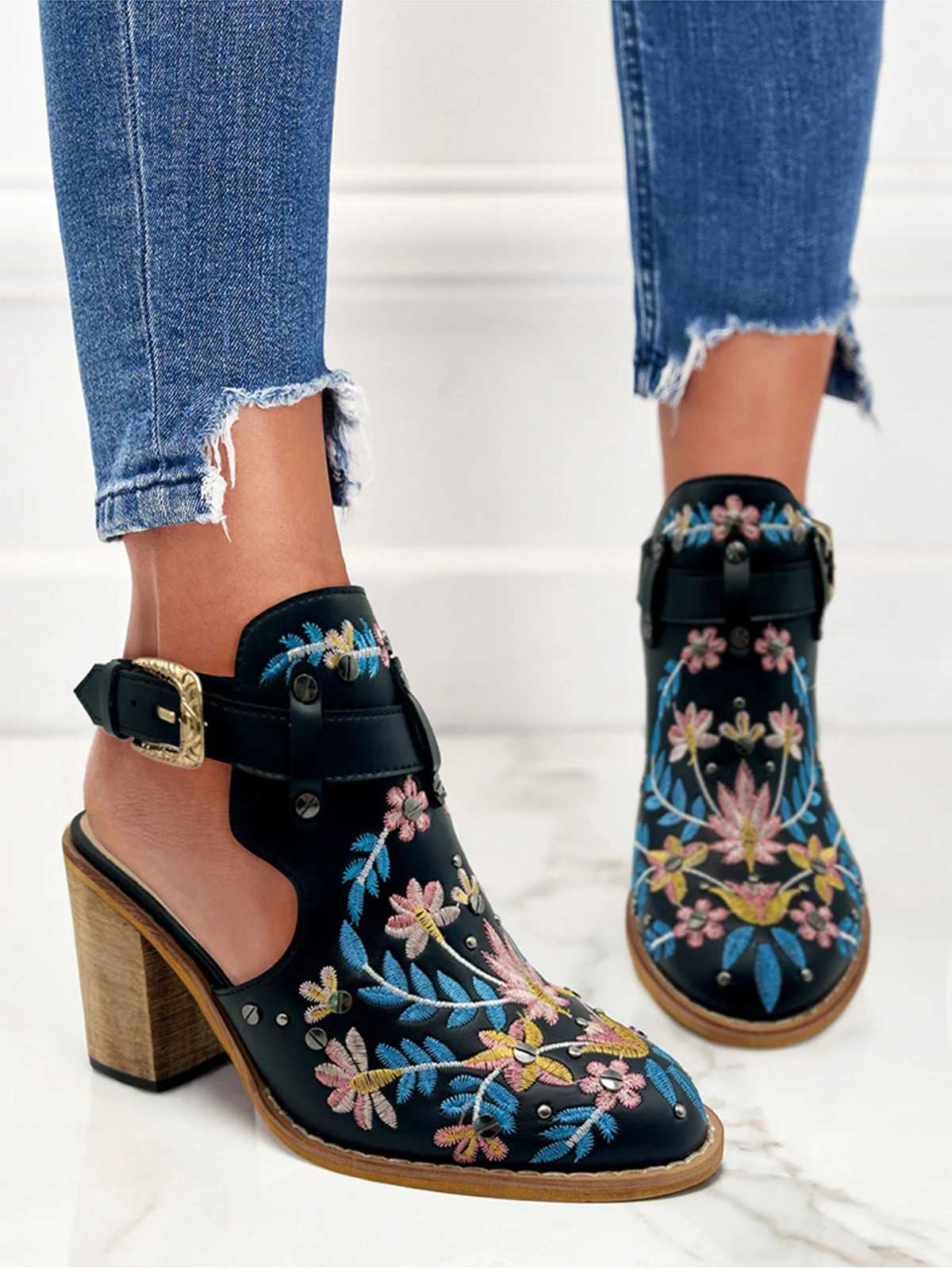 Vintage Floral Embroidered Studded Slingback Boots