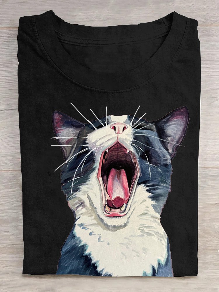 Loose Casual Cat Crew Neck T-Shirt