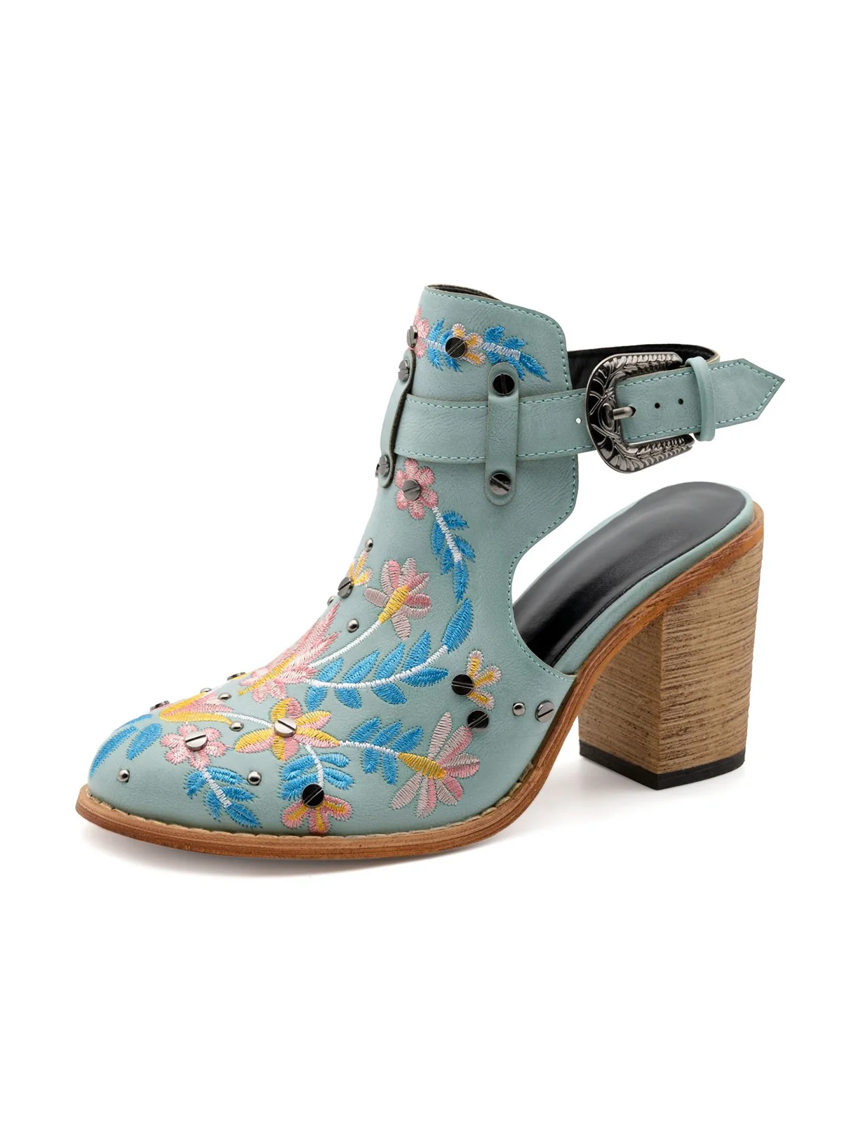 Vintage Floral Embroidered Studded Slingback Boots