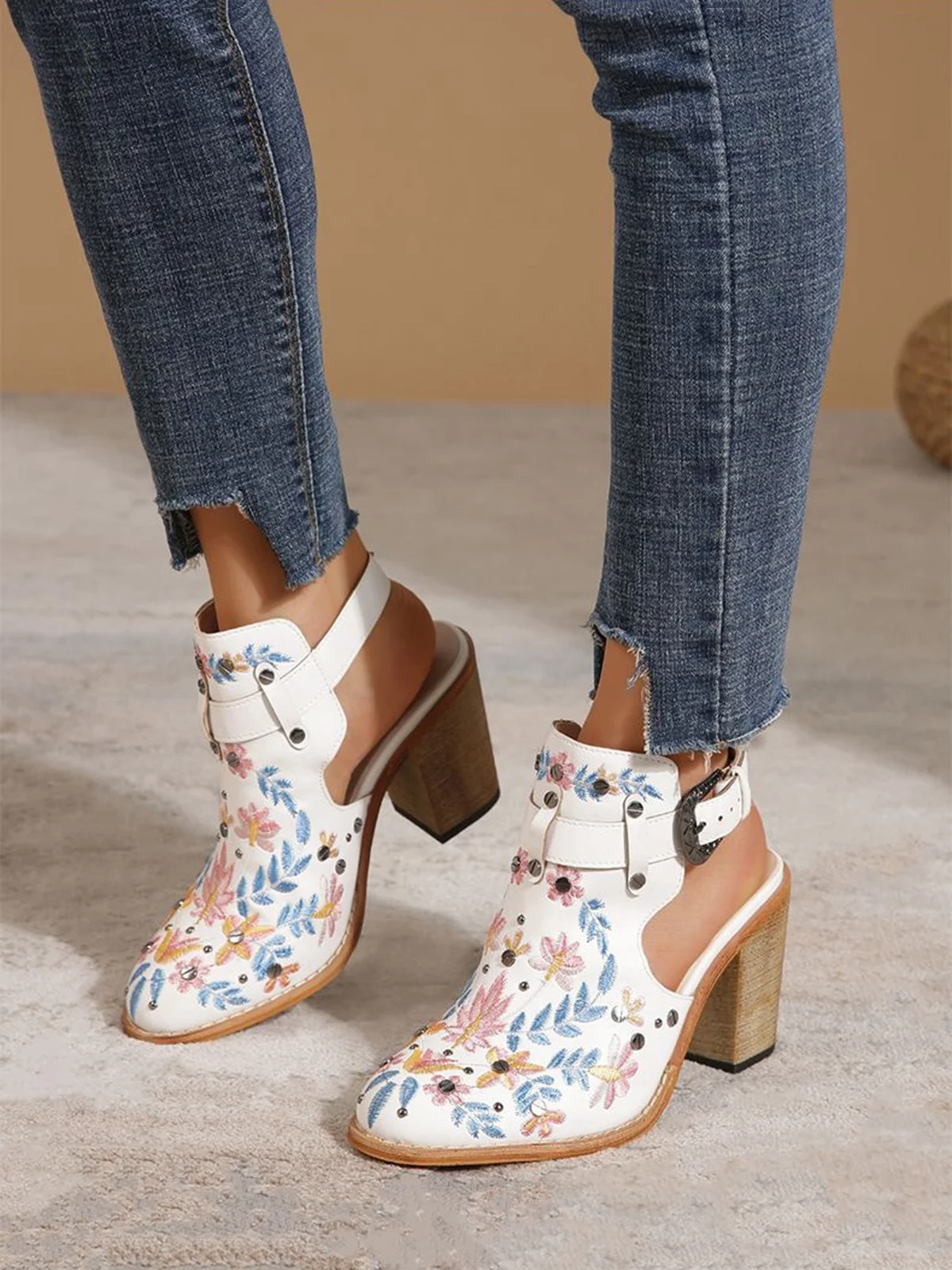 Vintage Floral Embroidered Studded Slingback Boots