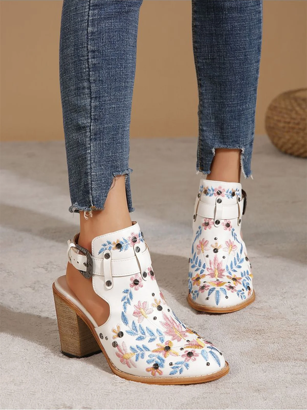 Vintage Floral Embroidered Studded Slingback Boots