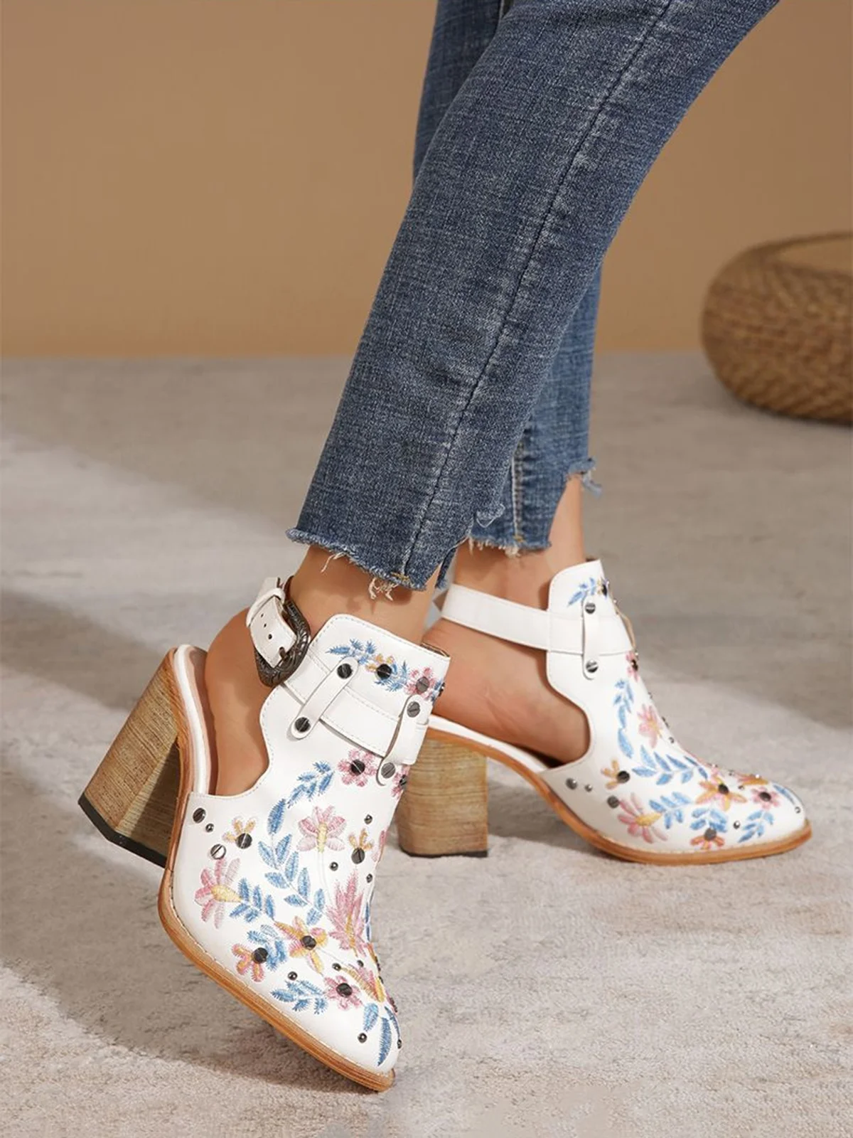 Vintage Floral Embroidered Studded Slingback Boots